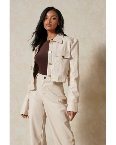 MissPap Leather Look Boxy Cropped Jacket - Natural