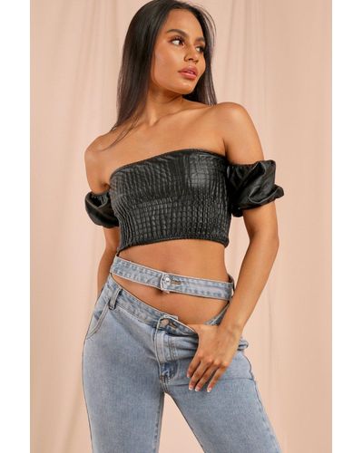 MissPap Leather Look Sheared Puff Sleeve Bandeau Top - Black