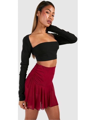 Boohoo Mesh Fold Over Waist Band Mini Skirt - Red