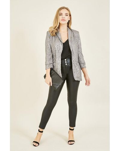 Yumi' Silver Sequin Blazer With Pockets - Natural
