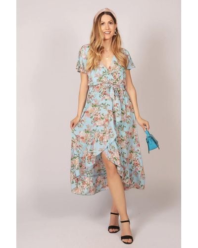 Tenki Ruffle Sleeve Floral Wrap Maxi Dress - Blue