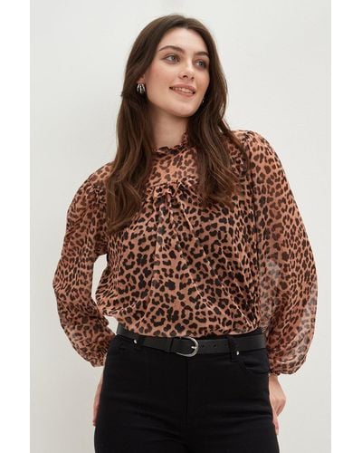 Dorothy Perkins Long Sleeve Leopard Mesh Frill Top - Brown