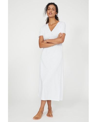 DEBENHAMS Stripe Short Sleeve Long Night Dress - White