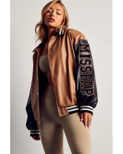 MissPap Leather Look Varsity Jacket - Brown