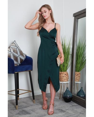 Double Second Strappy Tie Side Satin Wrap Dress - Green