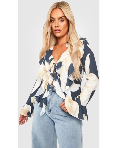 Boohoo Plus Floral Double Ruffle Frill Blouse - Blue
