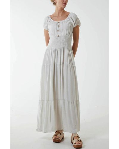 Hoxton Gal Oversized Button Detailed Puff Sleeve Maxi Dress With Shirred Waist - Grey