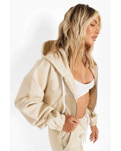 Boohoo Cropped Denim Zip Through Hooded Jacket - Natural