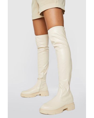 Boohoo Stretch Knee High Boots - White