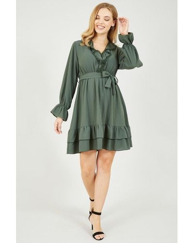 Mela Green Ruffle Lace Trim Dress