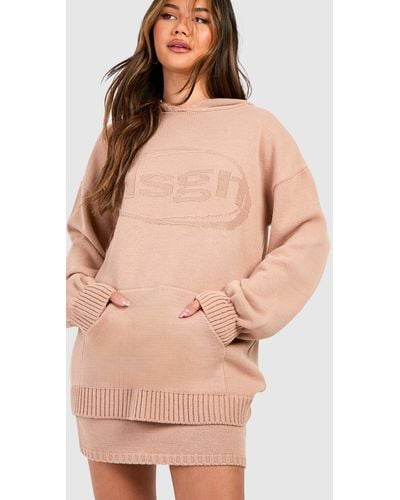 Boohoo Dsgn Embossed Hoody And Mini Skirt Knitted Set - Natural