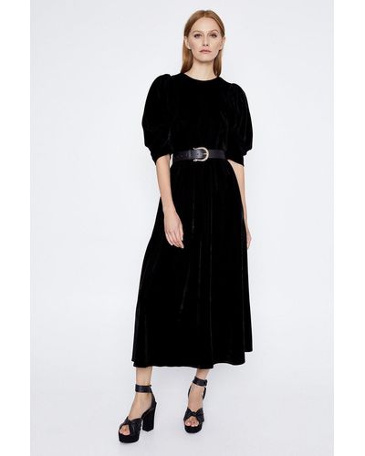 Warehouse Puff Sleeve Velvet Dress - Black