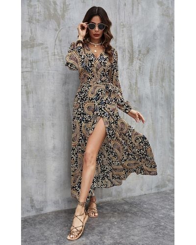 FS Collection Boho Gold Paisley Floral Wrap Dress In Black - Grey
