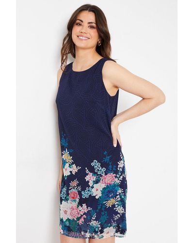 Wallis Floral Border Print Chiffon Sleeveless Shift Dress - Blue