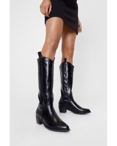 Nasty Gal Faux Leather Western Knee High Boots - Black
