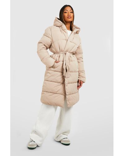 Boohoo Belted Longline Puffer Jacket - Natural