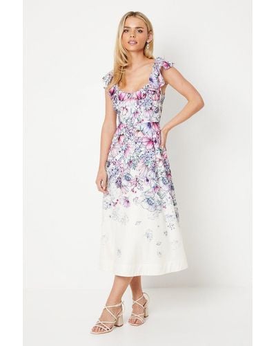 Coast Petite Ruffle Shoulder Cotton Midi Dress In Floral Print - White