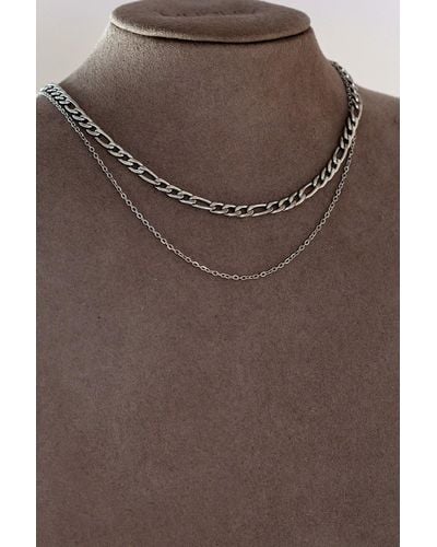 MUCHV Silver Layered Necklace With Figaro & Cable Chain - Brown