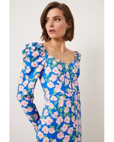 Oasis Petite Printed Floral Puff Sleeve Midi Dress - Blue