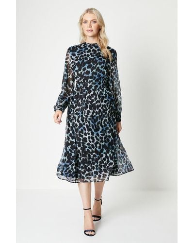 PRINCIPLES Leopard Print Pleated Midi Dress - Blue