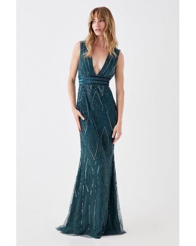 Coast Art Deco Plunge Beaded Ball Gown - Blue