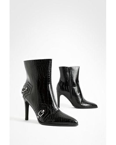 Boohoo Croc Stud Detail Stiletto Ankle Boots - Black