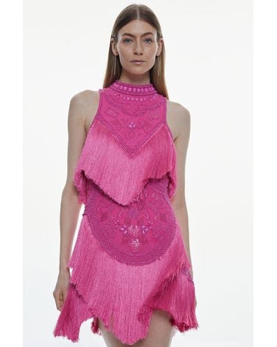Karen Millen Tall Fringe And Beaded Halter Neck Mini Dress - Pink