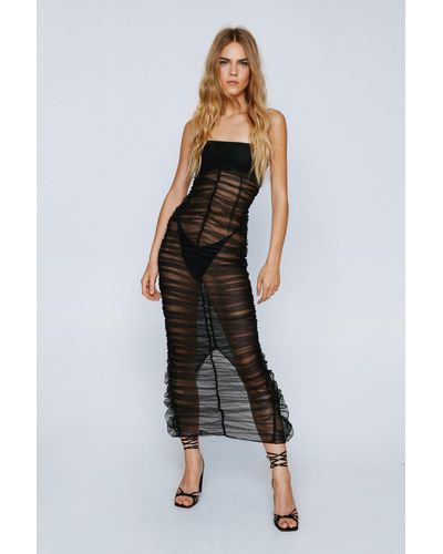 Nasty Gal Sheer Ruched Strappy Maxi Dress - Black