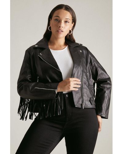 Karen Millen Curve Leather Tassel Biker Jacket - Black