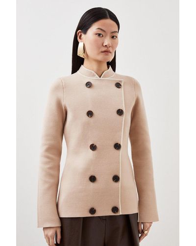 Karen Millen Compact Knit Wool Look Contrast Colour Double Breasted Jacket - Natural