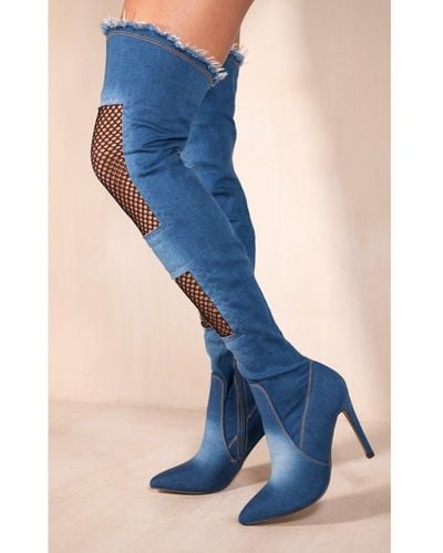 Where's That From 'etta' Thigh High Denim Heel Boots - Blue