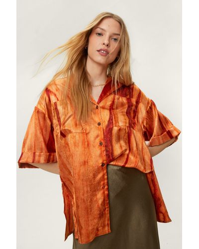 Nasty Gal Crinkle Satin Tie Dye Printed Shirt - Orange