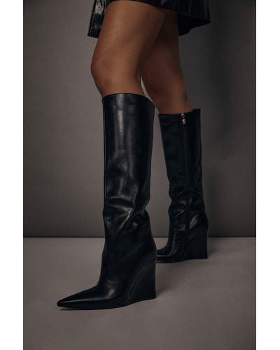 MissPap Leather Look Knee High Wedge Boots - Black
