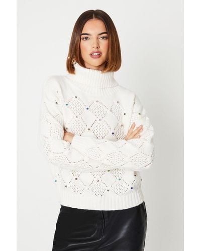 Oasis Chunky Roll Neck Jumper With Embellishment - White