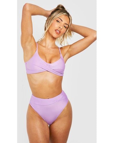 Boohoo Wrap Detail Plunge Bikini Top - Purple