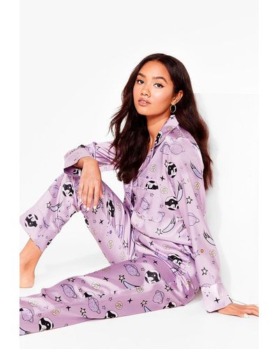 Nasty Gal Petite Satin Planet Pyjama Trousers Set - Pink