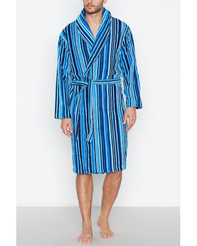 DEBENHAMS Striped Velour Dressing Gown - Blue