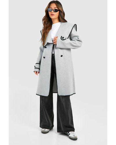 Boohoo Blanket Stitch Belted Wool Look Coat - Grey