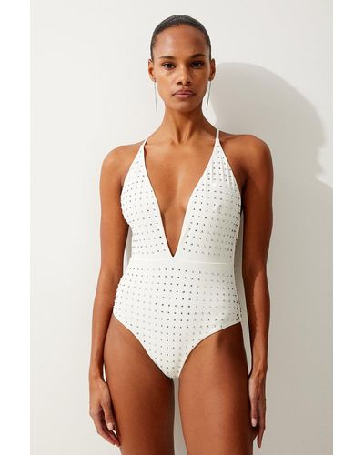 Karen Millen Embellished Plunge Swimsuit - White