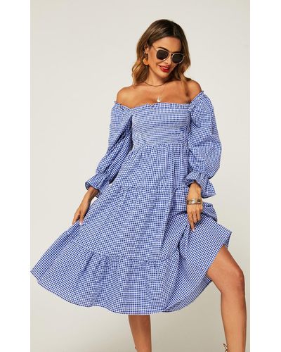 FS Collection Bardot Puff Frill Sleeve Elasticated Detail Midi Dress In Blue