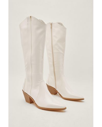 Nasty Gal Faux Leather Western Knee High Boots - Natural