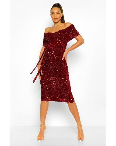 Boohoo Tall Sequin Bardot Belted Midi Dress - Red