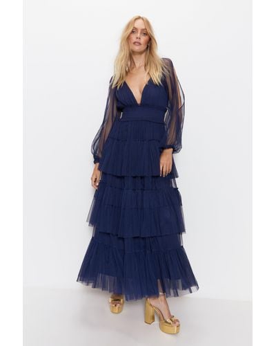 Warehouse Cold Shoulder Tulle Tiered Maxi Dress - Blue