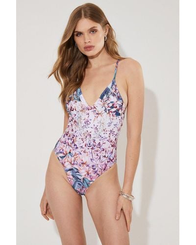Coast Tropical Placement Print Embellished Swimsuit - Purple