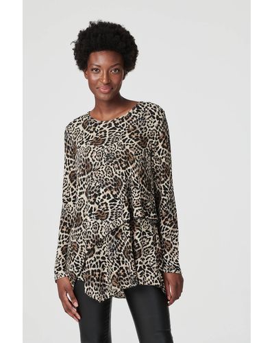 Izabel London Leopard Print Long Sleeve T-shirt - Natural