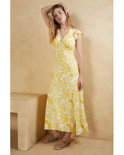 Oasis V Plunge Frill Shoulder Printed Midi Dress - Yellow