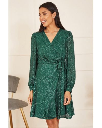 Mela Green Sequin Long Sleeve Frill Wrap Dress