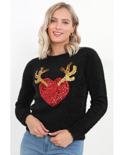 Brave Soul 'heart' Sequin Fluffy Knit Christmas Jumper - Black