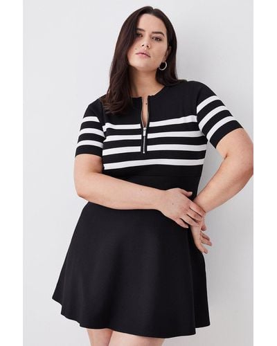 Karen Millen Plus Size Short Sleeve Stripe Zip Neck Flippy Skater Dress - Black