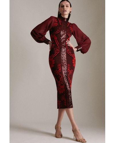 Karen Millen Sequin Front Jacquard Knit Midi Dress - Red